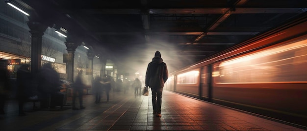 Long exposure image of a lonely young man shot from behind in a subway station with a blurred train