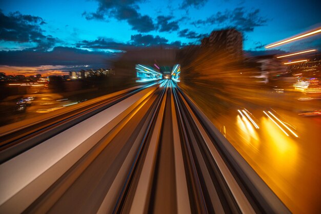 Long exposure metro driver cabin view during twilight with trendy colors