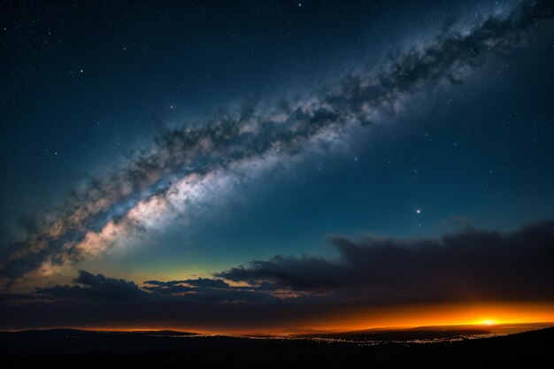 a long exposure of the milky and the stars above the horizon at night time with a bright orange glo