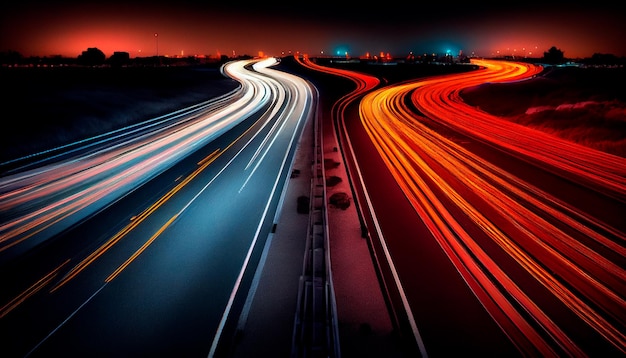 A long exposure photo of a highway at night Generative Ai