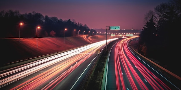 A long exposure photo of a highway at night