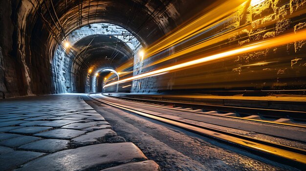 Foto fotografia a lunga esposizione ad angolo ampio della metropolitana che attraversa la città