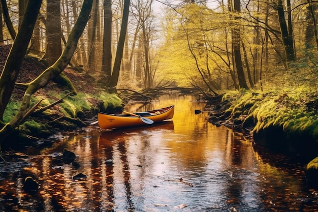 Long exposure photo of wild river lined with summer trees with tree branch foreground Generative AI