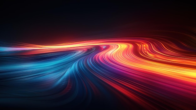 long exposure photography multicolor light streaks curving along abstract landscape