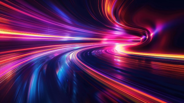 long exposure photography multicolor light streaks curving along abstract landscape