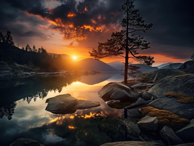 Фотография гор и озер с длительной экспозицией в час восхода солнца