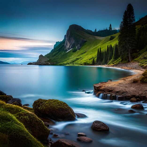 A long exposure of a river with a mountain in the background.