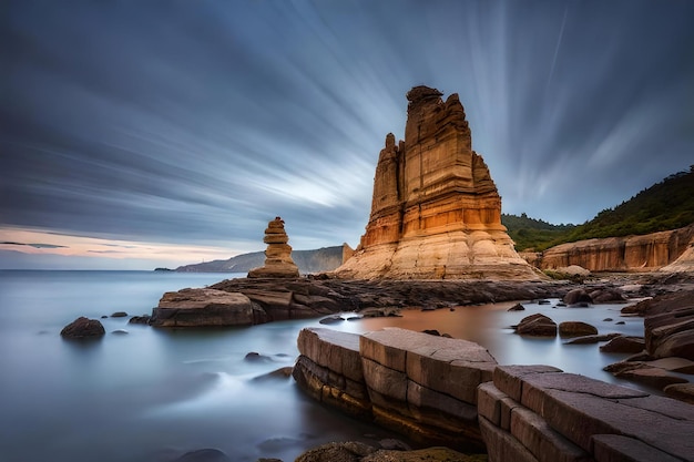 A long exposure of a rock formation at sunset