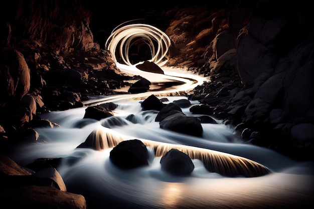 Долгая выдержка бегущего потока со светом и водой, создающими завораживающее размытие движения