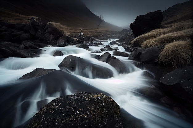 Long exposure of running water with falling mist in the background