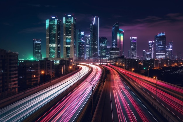 A long exposure shot of the city skyline or other cityscape at night capturing light trails from moving vehicles or other light sources generative ai