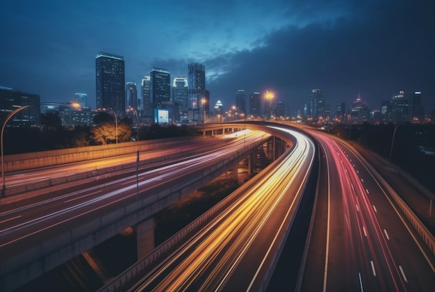 A long exposure shot of the city skyline or other cityscape at night capturing light trails from moving vehicles or other light sources generative ai