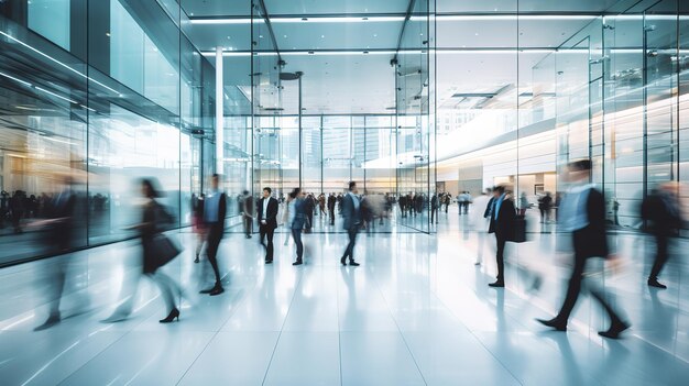 Long exposure shot of crowd of business people walking in bright office lobby fast moving with blurr