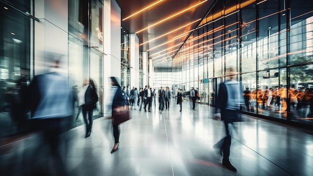 Long exposure shot of crowd of business people walking in bright office lobby fast moving with blurry