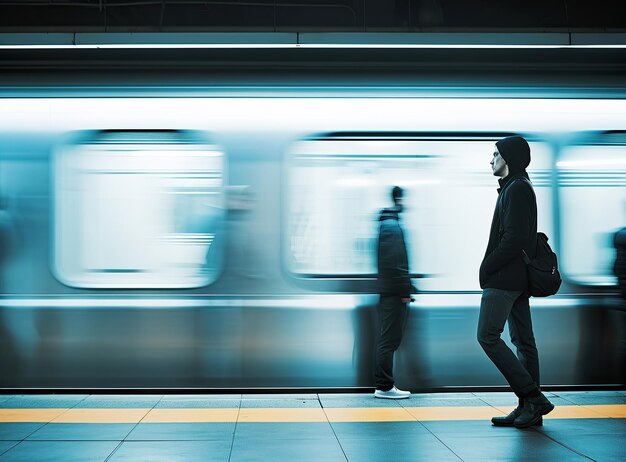 Long Exposure Shot Lone Young Man at Subway Blurred Train and Passersby in Motion