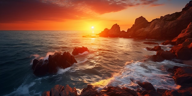 Foto acqua di mare setosa a lunga esposizione e primo piano di pietra in riva al mare al tramonto