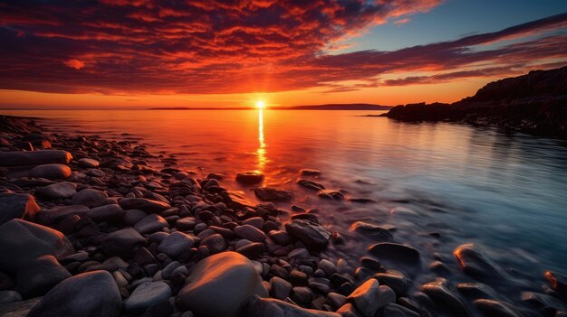 Photo long exposure silky sea water and stone foreground at seaside at sunset