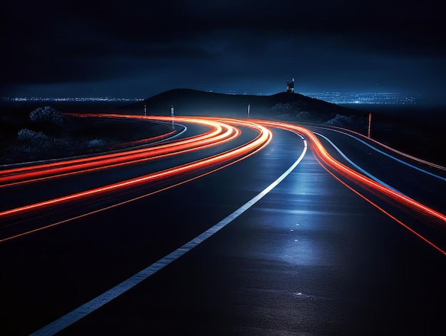 Long exposure of traffic trails on a coastal road at night near a lighthouse