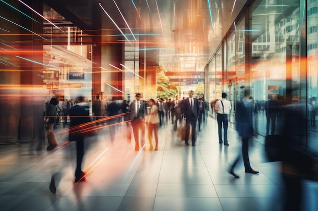 Long exposure view of fast movement of people in interior of society hospital Generative Ai