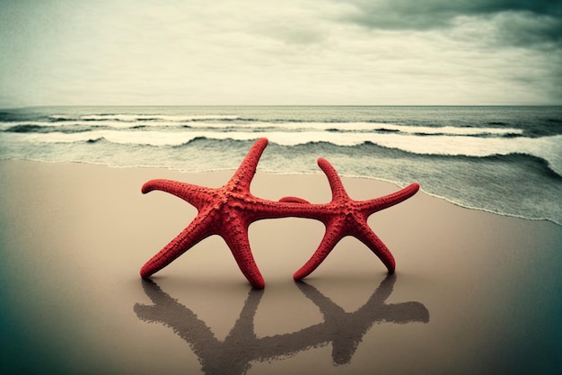 Long format red starfish holding hands adjacent to the sea