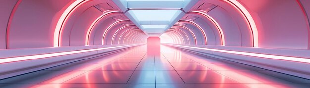 A long futuristic corridor with neonlit arch entrances in a symmetrical