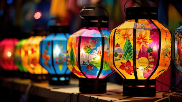 Длинная гирлянда из многих праздничных многоцветных китайских фонарей на фоне темного ночного неба Традиционные новогодние уличные украшения