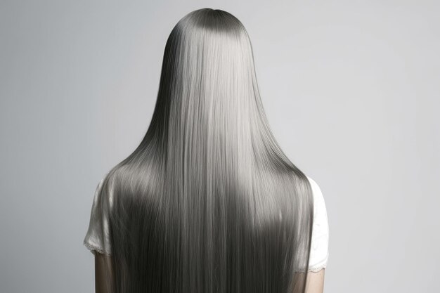 Long Gray Straight Hair Rear View On White Background Generative AI