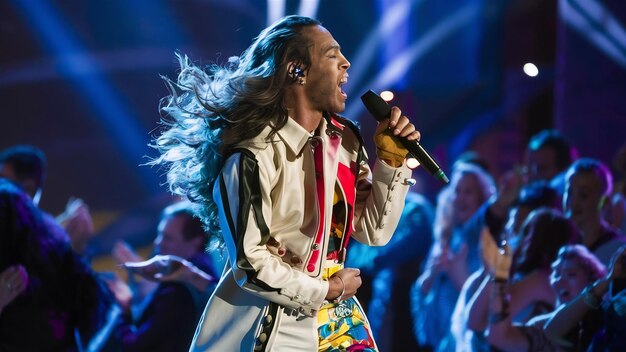 Long hair artist singing on stage