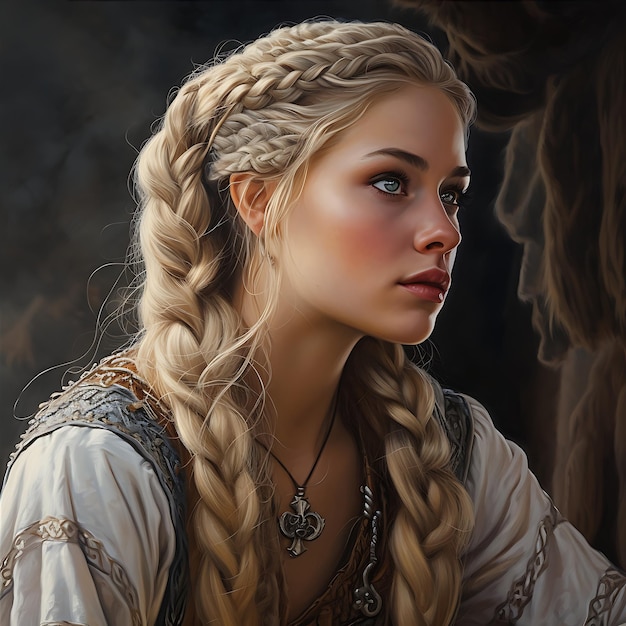 Long hair blonde beautiful princess wearing medieval clothes princess north adult female warrior