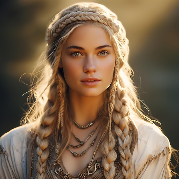 Длинные волосы блондинка принцесса в средневековой одежде платье принцесса север взрослая женщина воин