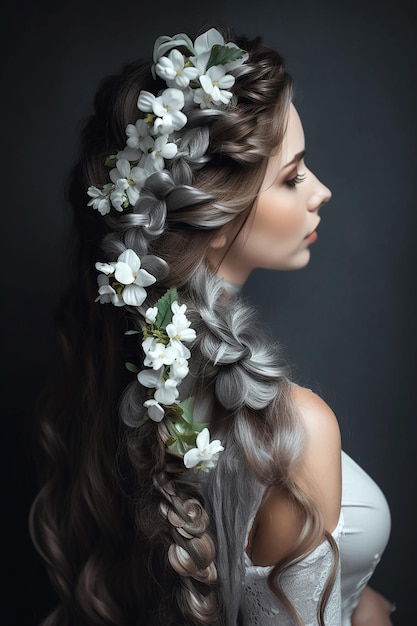 Long hair braided hairstyle with white flowers generative ai