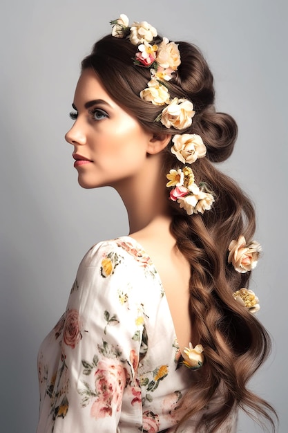 Long hair hairstyle with flowers generative ai