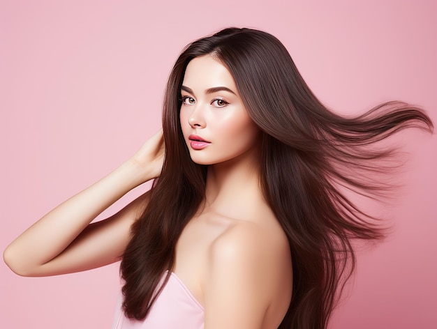 Long hair woman hand touching hair smooth brunette hairstyle model isolated pink background