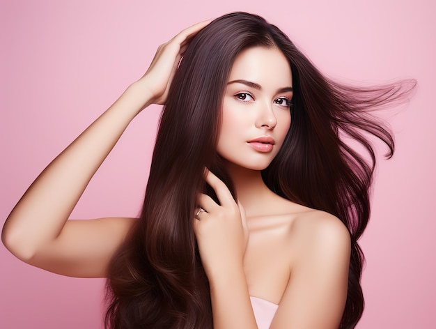 Long hair woman hand touching hair smooth brunette hairstyle model isolated pink background