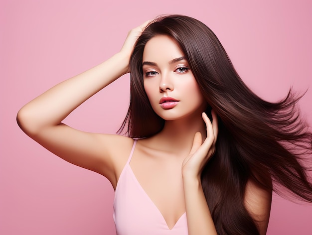 Long hair woman hand touching hair smooth brunette hairstyle model isolated pink background