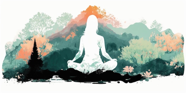 Long hair Woman in lotus pose in sillhouette practicing yoga in pastel colors