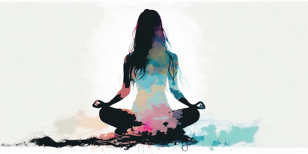 Long hair Woman in lotus pose in sillhouette practicing yoga in pastel colors