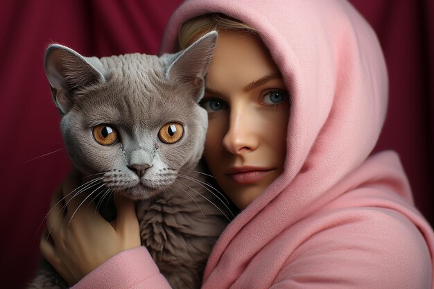 Foto lunghi capelli biondi bella ragazzina caucasica abbracciando gatto soffice su sfondo rosa scuro