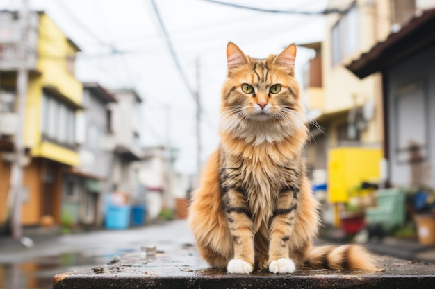 a long haired cat sitting on the edge of a street