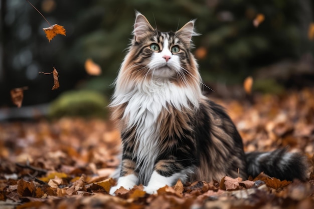 a long haired cat sitting on the ground in autumn leaves