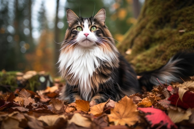 a long haired cat sitting on the ground surrounded by fallen leaves