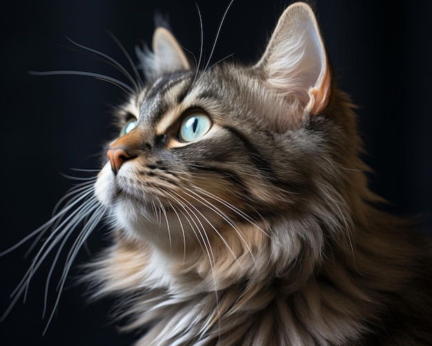 a long haired cat with blue eyes looking up