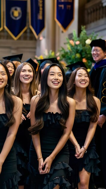 Photo long haired female students wearing black ruffle dresses expressing joy on graduation at the univer