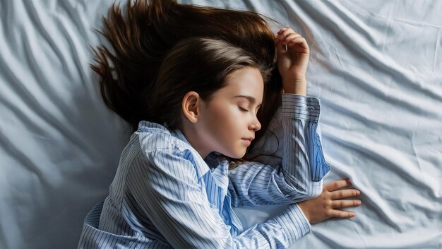 Photo long haired girl in nightshirt sleeping on white sheet