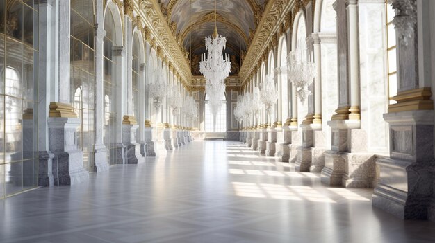 A long hall with a chandelier in the middle