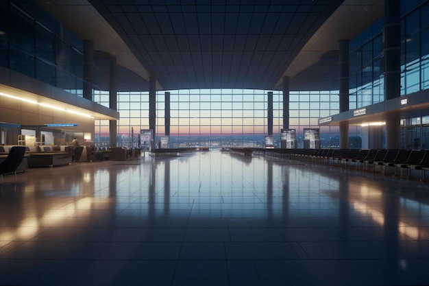 a long hall with a view of the ocean and mountains in the background.