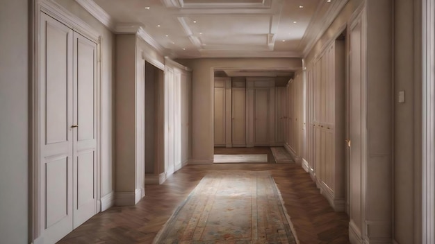 Long hallway of a house with builtin wardrobes