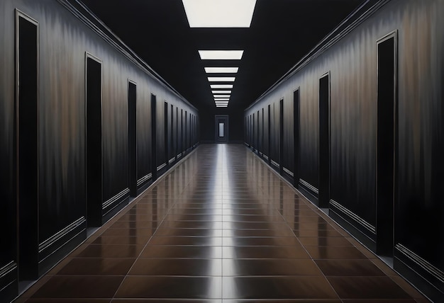 a long hallway with a black wall and a light on the ceiling