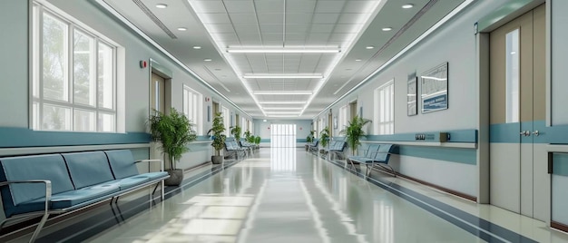 Photo a long hallway with blue chairs and windows