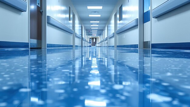 Photo long hallway with blue floors and white walls